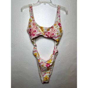 Barbie Monokini SIZE L One-Piece Swimsuit White Multicolored Flowers Beach Cute